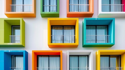 Fototapeta premium Building with a playful, colorful facade incorporating a grid-like pattern of windows within a modular design, showcasing a mix of vibrant colors which brings a cheerful modernity to urban landscae