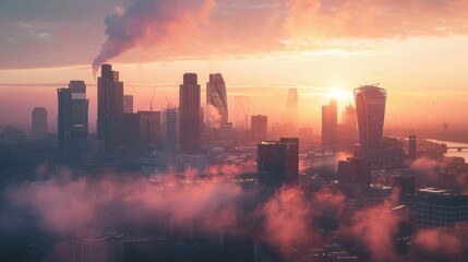 Fototapeta premium City Skyline in Misty Morning Light, Futuristic Cityscape with Tall Buildings and Smoky Haze at Sunrise