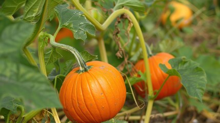 Close-up of pumpkins growing on the vine in a field, showcasing the growth process and natural beauty of the autumn harvest.