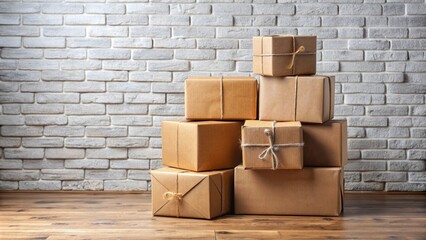 Stacked brown packages with shipping labels against rustic white brick wall, evoking e-commerce, delivery, and modern consumerism concept.