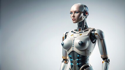 Fototapeta premium Sleek and curvaceous humanoid robot with feminine features standing against a pristine white background, abundant copy space, high-resolution PNG file.
