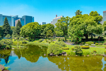 Tall building and Forest, Lake in Japan