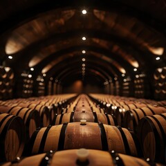 a wine cellar with rows of wooden barrels