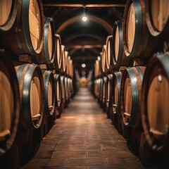 a long row of wine barrels in a wine cellar