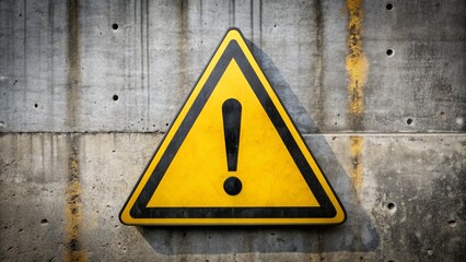 isolated cautionary yellow triangle warning sign with black exclamation mark on a grey concrete background, conveying danger alertness.