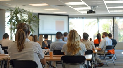 Energizing Corporate Wellness Seminar: Employees Engaged in Stress Management Workshop in Bright Office Setting