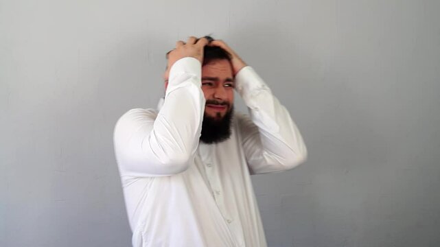 Surprised man in shock and stress grabs his head, Asking What? OMG! Epic Fail, Frustration, confusion, fiasco