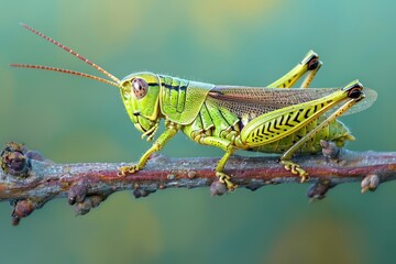 Fototapeta premium a grasshopper is sitting on a branch