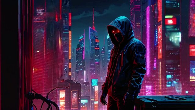 Hooded Figure Overlooking Futuristic Cityscape at Night, Neon Lights in Pink, Blue, and Purple, Skyscrapers with Digital Ads, Moody Cyberpunk Atmosphere, Ideal for Sci-Fi Enthusiasts.