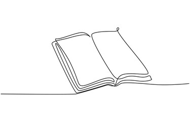 Continuous line drawing of book opening vector illustration, Continuous one-line drawing of book opening vector graphic illustration. Opened book isolated on the white background, Book drawn with one 