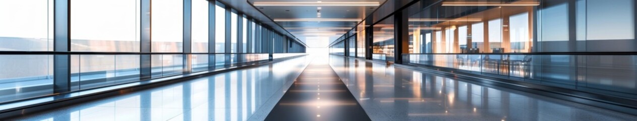 Modern Building Interior with Futuristic Corridor, Featuring Stylish Design and Ample Lighting, Ideal for Business and Travel Centers