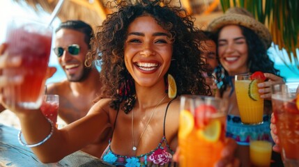 Fototapeta premium Happy Friends Toasting with Fresh Fruit Juices at Beach Bar - Celebrating Healthy Lifestyle and Friendship