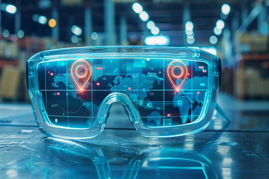 Futuristic smart glasses with a digital overlay of world maps and location points, symbolizing augmented reality and technology.