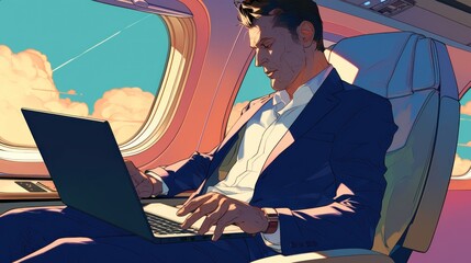 Illustration of a businessman sitting in a chair traveling on an airplane while doing his work using a laptop. Airplane cabin background, blue sky, window view, outside view.