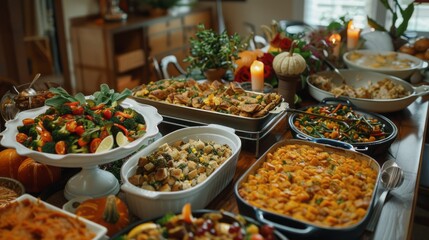 Obraz premium Bountiful Spread: Thanksgiving Table Brimming with Traditional Foods