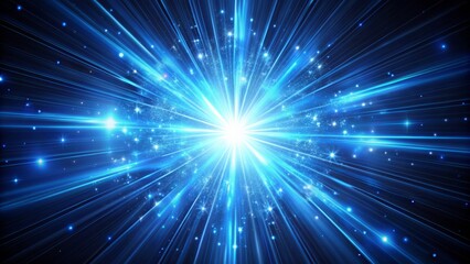 Naklejka premium Vibrant blue starburst radiates intense luminescence with dynamic kinetic light rays and lens flares on a pitch-black background in 4K.