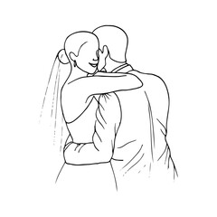 bride smiles with her hand on the shoulder of the groom who is hugging her - hand drawn minimalistic illustration