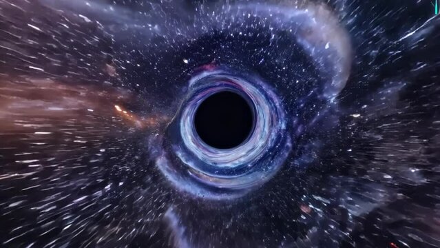 High-speed flight through a mesmerizing black hole system. Swirling cosmic dust and vibrant energy streams surround a central dark void. 
