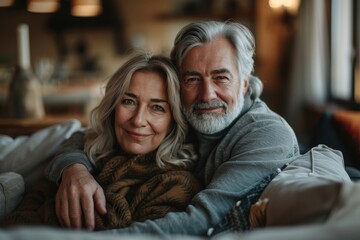 Happy mature husband and wife sit rest on couch at home hugging and cuddling, show care affection, smiling senior loving couple relax on sofa have fun, enjoy tender romantic weekend, Generative AI