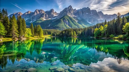 Fototapeta premium Serene majestic mountain range surrounded by lush green forests reflecting off tranquil lake's calm crystal clear turquoise water surface.