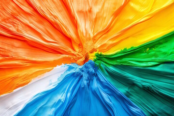 Vivid abstract painting with flowing textures in orange, white, green, and blue, symbolizing the Indian flag and national pride. Concept for India Independence Day, patriotic decor, and artistic expre