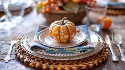 Fototapeta premium Festive Touch: Small Pumpkin on a Plate for Thanksgiving Dinner