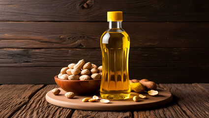 Bottle of Peanut oil and raw peanuts on a wooden background, Peanut oil in a transparent bottle
