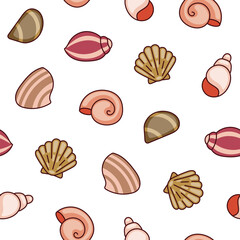 Marine seashell. Seamless pattern. Underwater conches of mollusk and sea snail. Summer vacation. Hand drawn style. Vector drawing. Design ornaments.