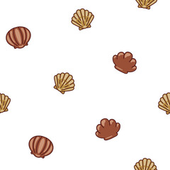 Marine seashell. Seamless pattern. Underwater conches of mollusk and sea snail. Summer vacation. Hand drawn style. Vector drawing. Design ornaments.