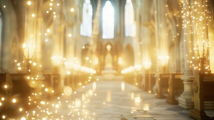 Softly glowing lights and candles in a serene church setting, warm ambiance. Spiritual and calming concept.