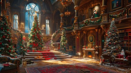Fototapeta premium Elegant Christmas interior with decorated trees, cozy fireplace, and festive garlands in a grand, ornamented hall.
