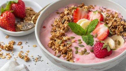 Strawberry and banana smoothie bowl topped with granola, seeds, and fresh fruit