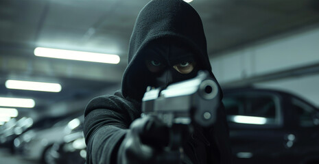 Robber with black balaclava aiming with pistol the victim. Hooded armed man thief killer in leather jacket holds gun in gloved hand.