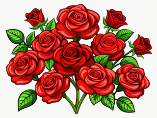 illustration vector bouquet of red roses and leafs on isolated white background