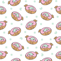 Funny donut cartoon character. Seamless pattern. Adorable kawaii sweet food. Hand drawn style. Vector drawing. Design ornaments.