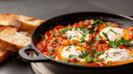 Shakshuka with poached eggs in a spicy tomato sauce, served with bread