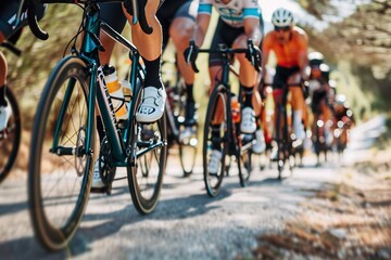 Close-up of a group of cyclists with professional racing sports gear riding