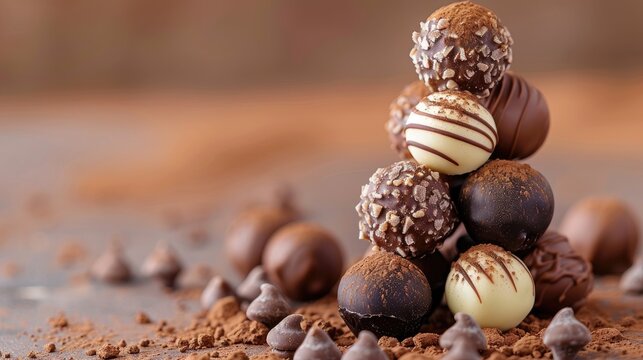 stack of assorted chocolate truffles, dusted with cocoa powder and elegantly arranged