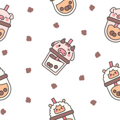 Matcha bubble tea with animal faces. Seamless pattern. Boba beverage. Hand style. Vector drawing. Design ornaments.