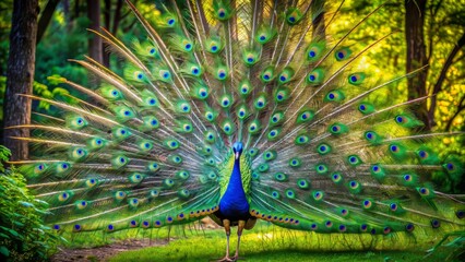 Obraz premium Vibrant peacock stands proudly in lush green forest, its stunning iridescent tail feathers fully fanned out in majestic display.