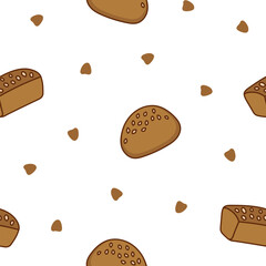 Bread. Seamless pattern. Loaf food, bakery baget, pastry grain. Hand drawn style. Vector drawing. Design ornaments.