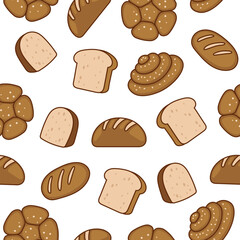 Bread. Seamless pattern. Loaf food, bakery baget, pastry grain. Hand drawn style. Vector drawing. Design ornaments.