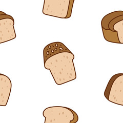 Bread. Seamless pattern. Loaf food, bakery baget, pastry grain. Hand drawn style. Vector drawing. Design ornaments.