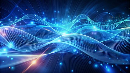 Fototapeta premium Vibrant blue abstract background featuring intricate dynamic lines, flowing particles, and undulating waves, evoking futuristic digital technology essence.