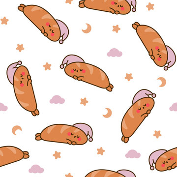 Funny bread characters. Seamless pattern. Cute tasty bakery pastries, cartoon happy bagets faces. Hand drawn style. Vector drawing. Design ornaments.