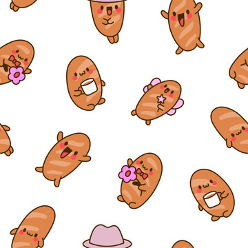 Funny bread characters. Seamless pattern. Cute tasty bakery pastries, cartoon happy bagets faces. Hand drawn style. Vector drawing. Design ornaments.