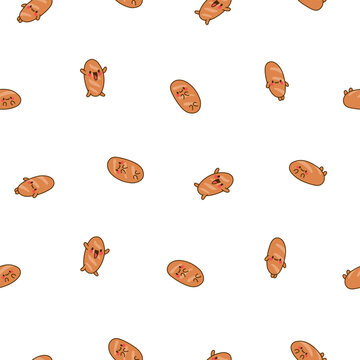 Funny bread characters. Seamless pattern. Cute tasty bakery pastries, cartoon happy bagets faces. Hand drawn style. Vector drawing. Design ornaments.