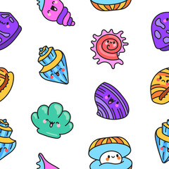 Cute kawaii sea shell. Seamless pattern. Cartoon aquatic life. Marine seashell characters, summer vacation. Hand drawn style. Vector drawing. Design ornaments.