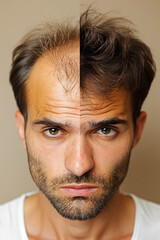 Obraz premium split screen comparison concept of a men with hair loss, hair growth or transplantation