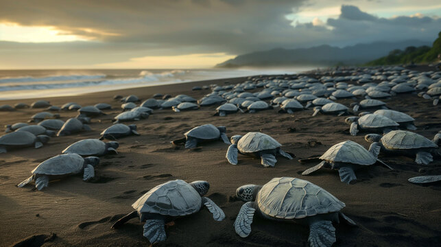 Olive Ridley turtles during arribada on a cloudy beach.